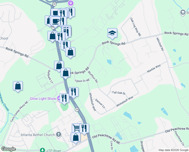 map of restaurants, bars, coffee shops, grocery stores, and more near 1366 Upshur Place Northeast in Buford