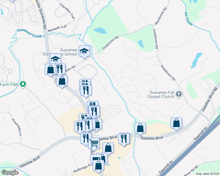 map of restaurants, bars, coffee shops, grocery stores, and more near 3439 Bonneville Way in Suwanee