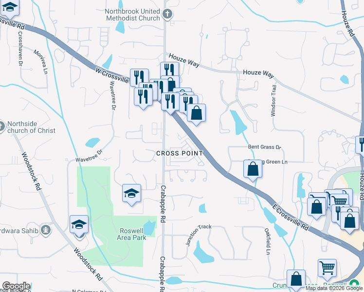 map of restaurants, bars, coffee shops, grocery stores, and more near 520 Kendemere Pointe in Roswell