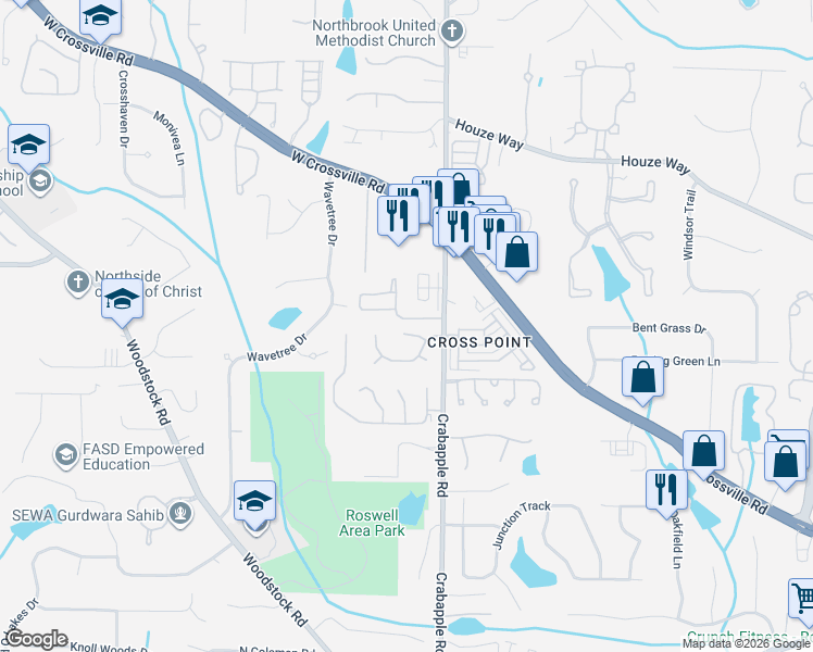 map of restaurants, bars, coffee shops, grocery stores, and more near 190 Victoria Way in Roswell