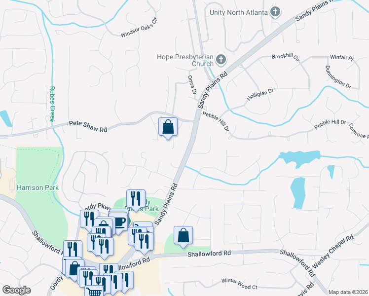 map of restaurants, bars, coffee shops, grocery stores, and more near 3897 Sandy Plains Road in Marietta