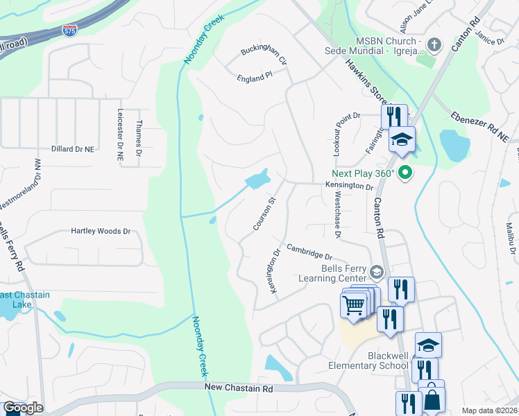 map of restaurants, bars, coffee shops, grocery stores, and more near 3831 Courson Street in Marietta