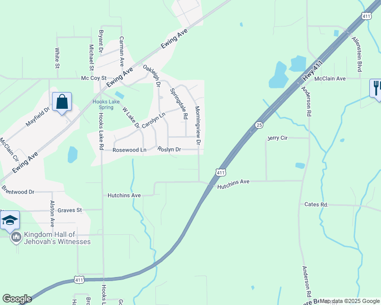 map of restaurants, bars, coffee shops, grocery stores, and more near 417 Roslyn Drive in Gadsden