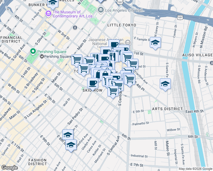 map of restaurants, bars, coffee shops, grocery stores, and more near 472 East 4th Street in Los Angeles