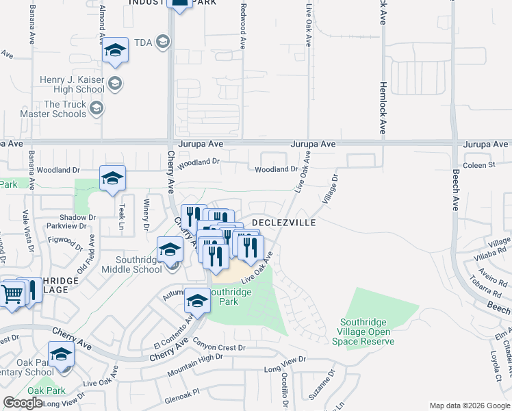 map of restaurants, bars, coffee shops, grocery stores, and more near 14727 Shadow Drive in Fontana