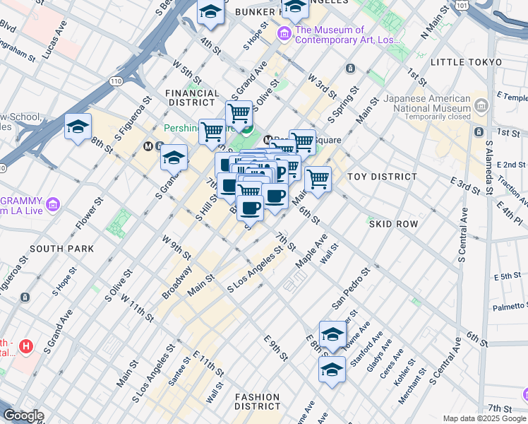 map of restaurants, bars, coffee shops, grocery stores, and more near 640 South Broadway in Los Angeles