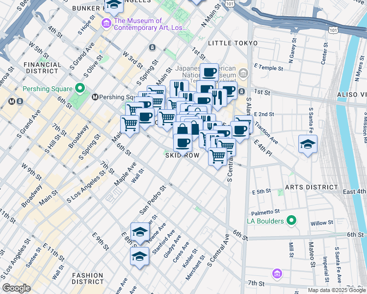 map of restaurants, bars, coffee shops, grocery stores, and more near 443 San Pedro Street in Los Angeles