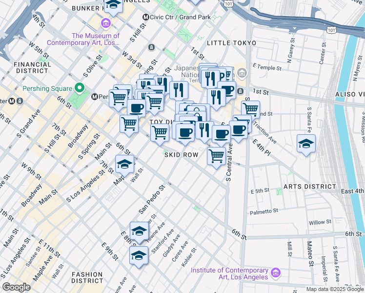 map of restaurants, bars, coffee shops, grocery stores, and more near 443 San Pedro Street in Los Angeles