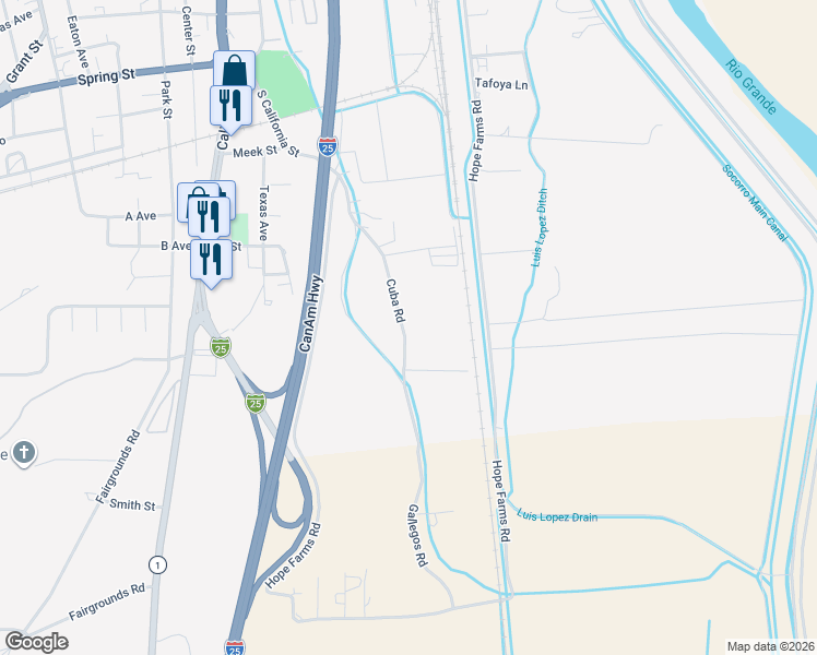 map of restaurants, bars, coffee shops, grocery stores, and more near 1206 Cuba Road in Socorro