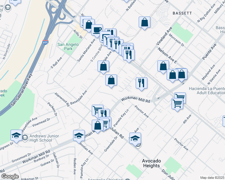 map of restaurants, bars, coffee shops, grocery stores, and more near 315 South Orange Blossom Avenue in Avocado Heights