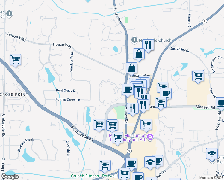 map of restaurants, bars, coffee shops, grocery stores, and more near 1000 Applewood Drive in Roswell