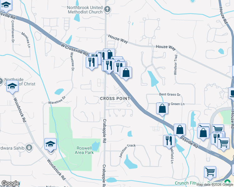 map of restaurants, bars, coffee shops, grocery stores, and more near 520 Kendemere Pointe in Roswell