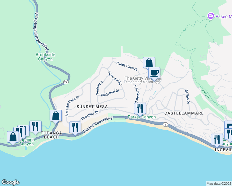 map of restaurants, bars, coffee shops, grocery stores, and more near 18128 Kingsport Drive in Malibu