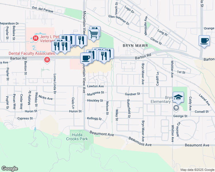 map of restaurants, bars, coffee shops, grocery stores, and more near Lawton Avenue & Sunrise Way in Loma Linda