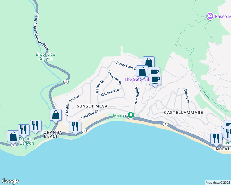 map of restaurants, bars, coffee shops, grocery stores, and more near 18128 Kingsport Drive in Malibu