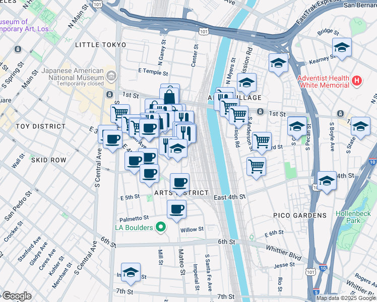 map of restaurants, bars, coffee shops, grocery stores, and more near 300 South Santa Fe Avenue in Los Angeles