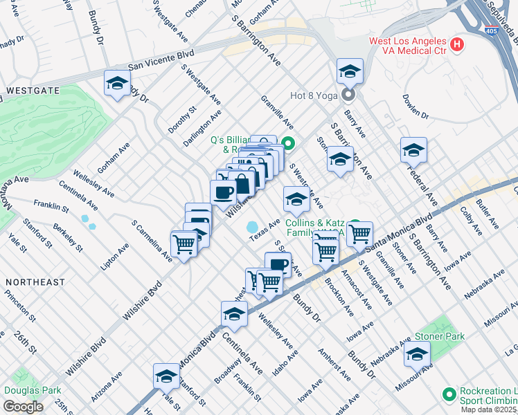 map of restaurants, bars, coffee shops, grocery stores, and more near 1224 South Saltair Avenue in Los Angeles