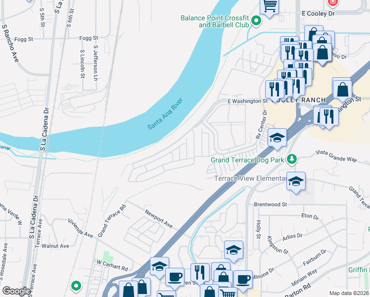 map of restaurants, bars, coffee shops, grocery stores, and more near 700 East Washington Street in Colton