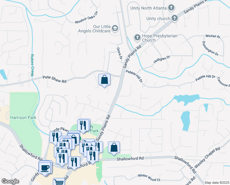 map of restaurants, bars, coffee shops, grocery stores, and more near 3897 Sandy Plains Road in Marietta