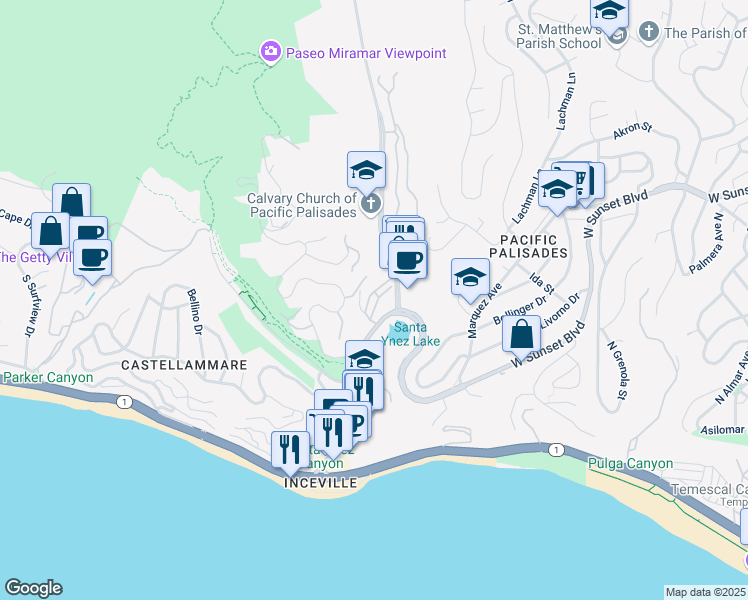 map of restaurants, bars, coffee shops, grocery stores, and more near 465 Palisades Drive in Los Angeles
