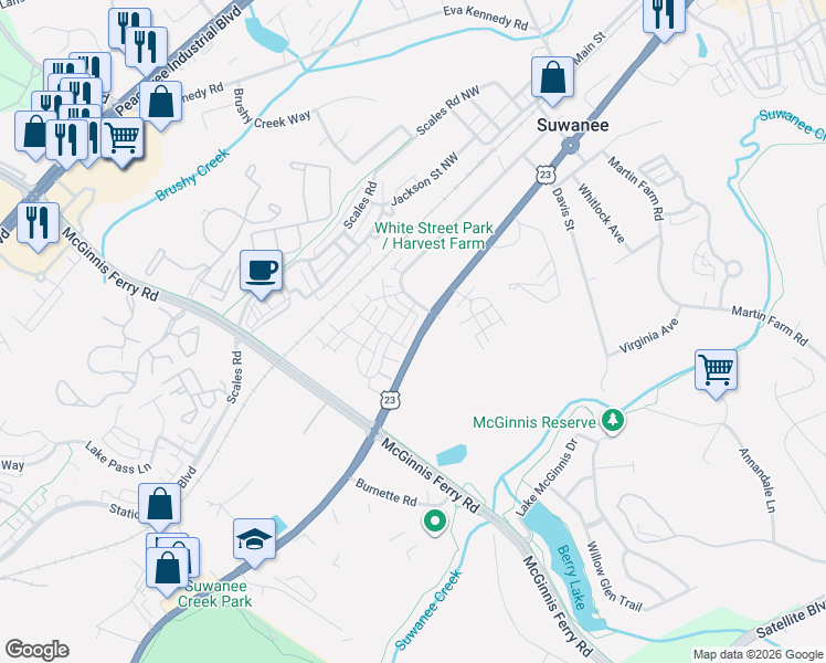 map of restaurants, bars, coffee shops, grocery stores, and more near 3815 Light Farms Way in Suwanee