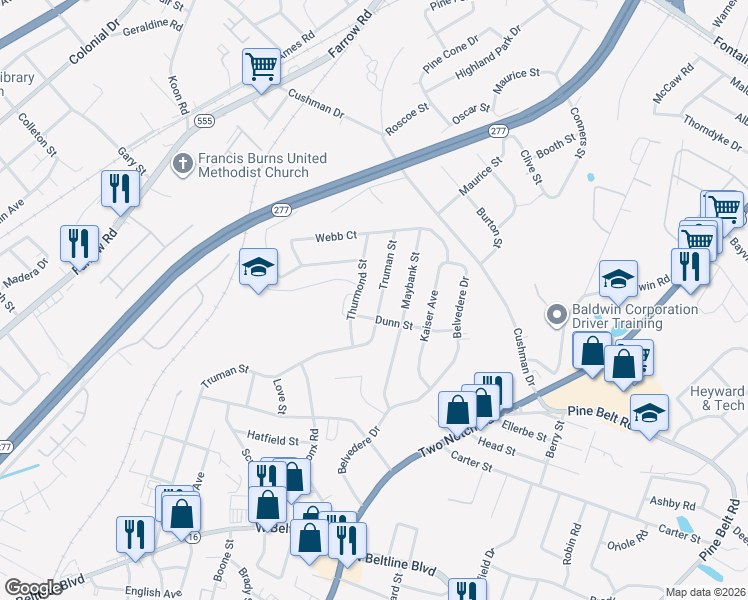 map of restaurants, bars, coffee shops, grocery stores, and more near 3627 Thurmond Street in Columbia
