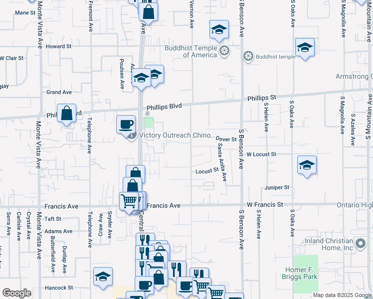 map of restaurants, bars, coffee shops, grocery stores, and more near 5483 Dover Street in Chino