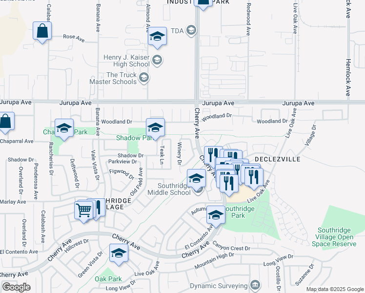 map of restaurants, bars, coffee shops, grocery stores, and more near 11431 Winery Drive in Fontana