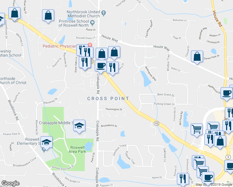 map of restaurants, bars, coffee shops, grocery stores, and more near 450 Kendemere Pointe in Roswell