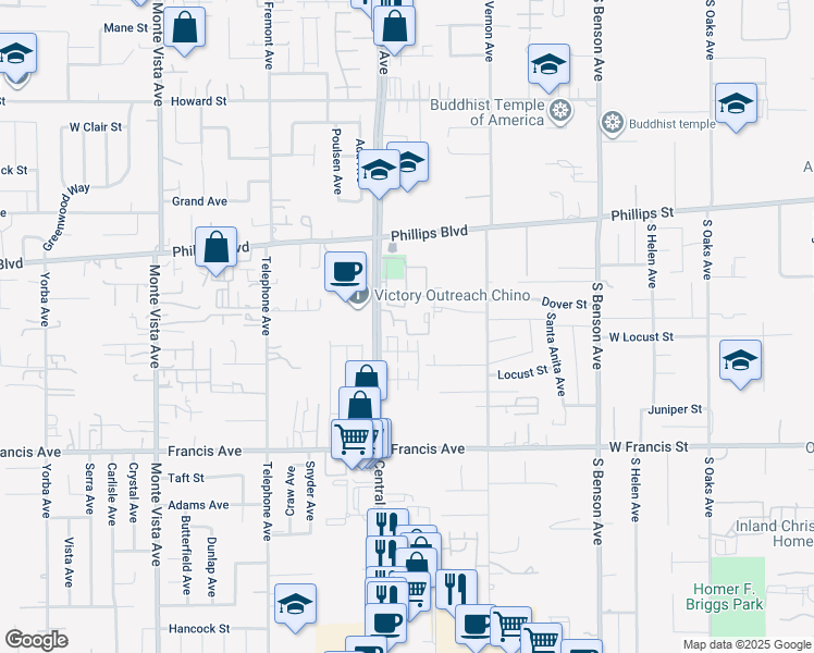 map of restaurants, bars, coffee shops, grocery stores, and more near 11475 Central Avenue in Chino