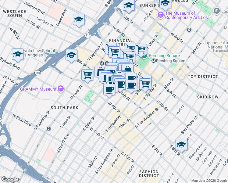 map of restaurants, bars, coffee shops, grocery stores, and more near 770 South Grand Avenue in Los Angeles