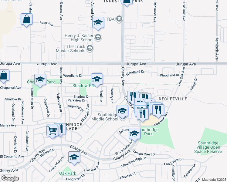 map of restaurants, bars, coffee shops, grocery stores, and more near 11431 Winery Drive in Fontana