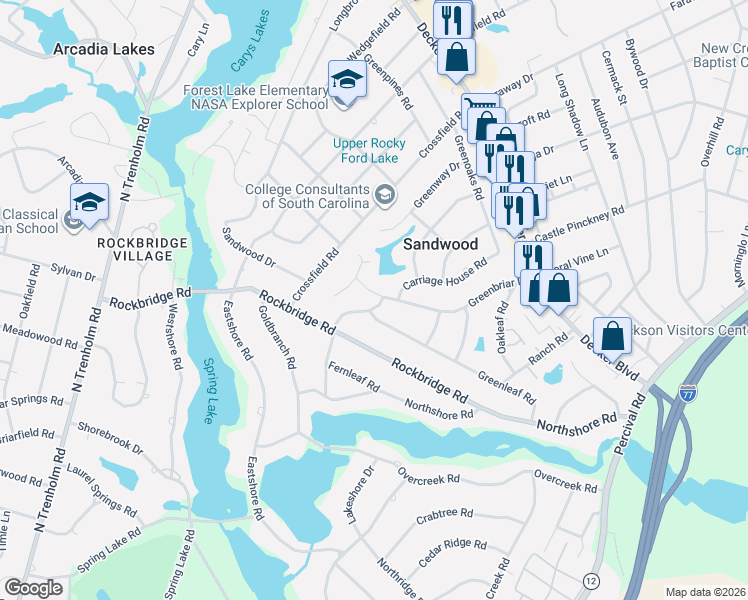 map of restaurants, bars, coffee shops, grocery stores, and more near 3751 Greenbriar Drive in Columbia