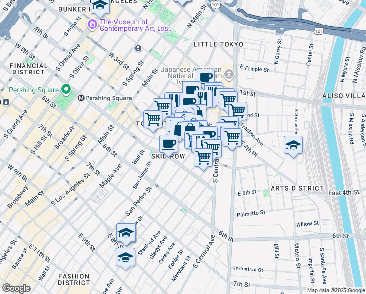 map of restaurants, bars, coffee shops, grocery stores, and more near 420 San Pedro Street in Los Angeles