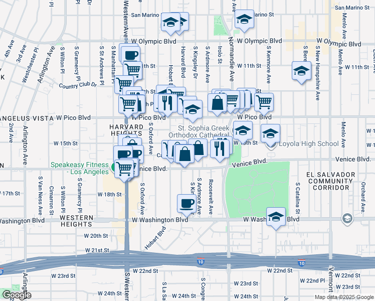 map of restaurants, bars, coffee shops, grocery stores, and more near 1516 South Harvard Boulevard in Los Angeles