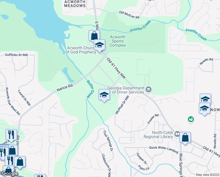 map of restaurants, bars, coffee shops, grocery stores, and more near 3720 Eagle Drive in Kennesaw