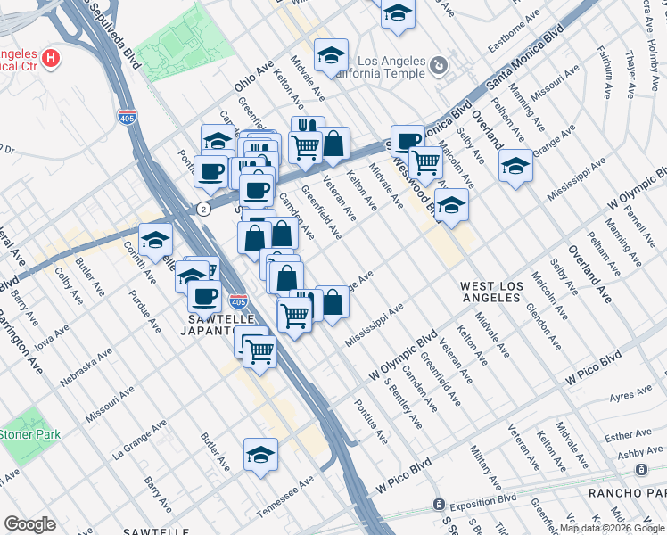 map of restaurants, bars, coffee shops, grocery stores, and more near 1865 Camden Avenue in Los Angeles