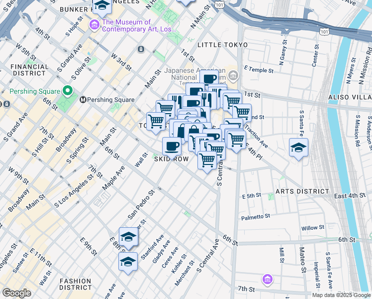 map of restaurants, bars, coffee shops, grocery stores, and more near 420 San Pedro Street in Los Angeles
