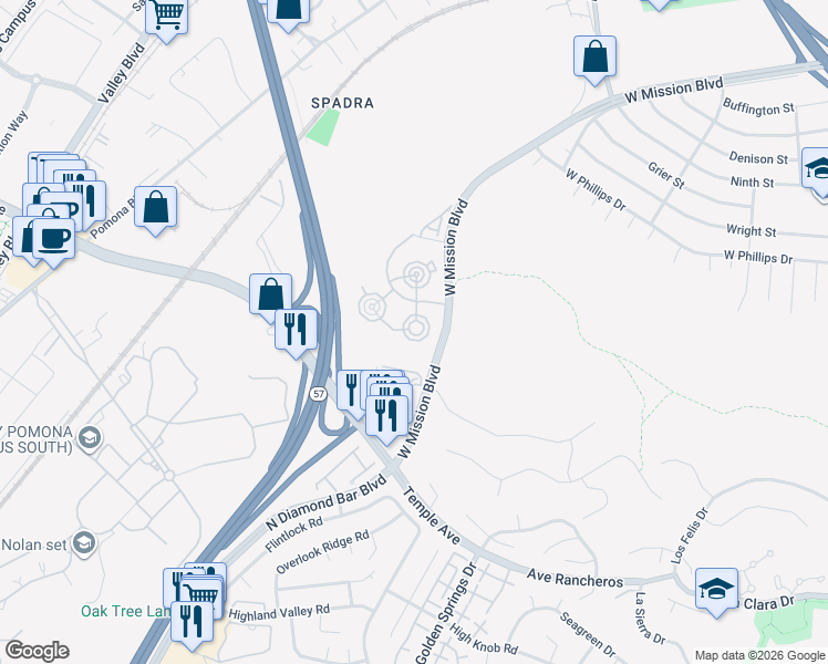map of restaurants, bars, coffee shops, grocery stores, and more near 470 Lucera Court in Pomona