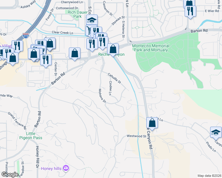 map of restaurants, bars, coffee shops, grocery stores, and more near Cindee Lane in Colton