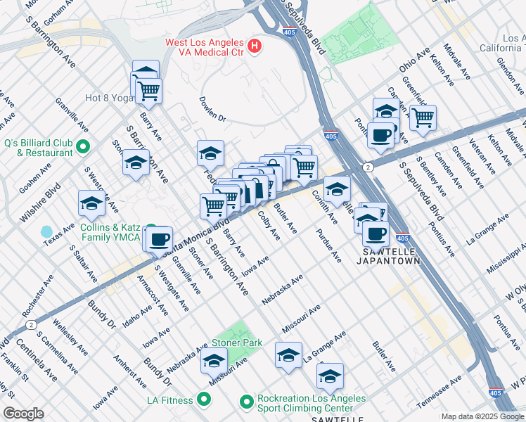 map of restaurants, bars, coffee shops, grocery stores, and more near 11425 Santa Monica Boulevard in Los Angeles