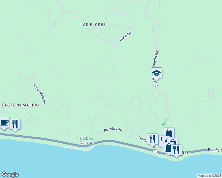 map of restaurants, bars, coffee shops, grocery stores, and more near 3180 Sumac Ridge Road in Malibu