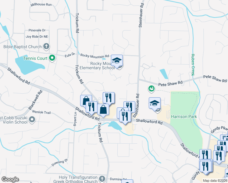 map of restaurants, bars, coffee shops, grocery stores, and more near 2307 Wickingham Drive Northeast in Marietta