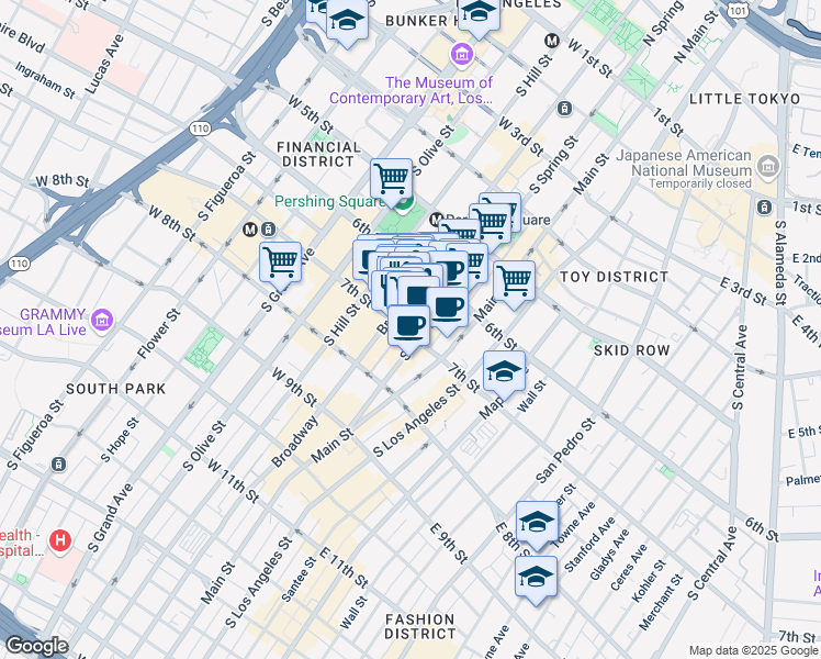 map of restaurants, bars, coffee shops, grocery stores, and more near 640 South Broadway in Los Angeles