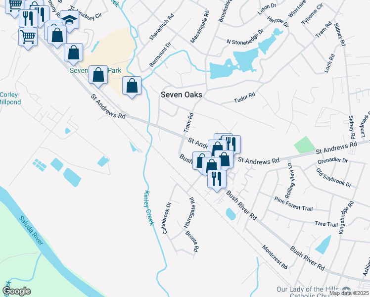 map of restaurants, bars, coffee shops, grocery stores, and more near 120 Tram Road in Columbia