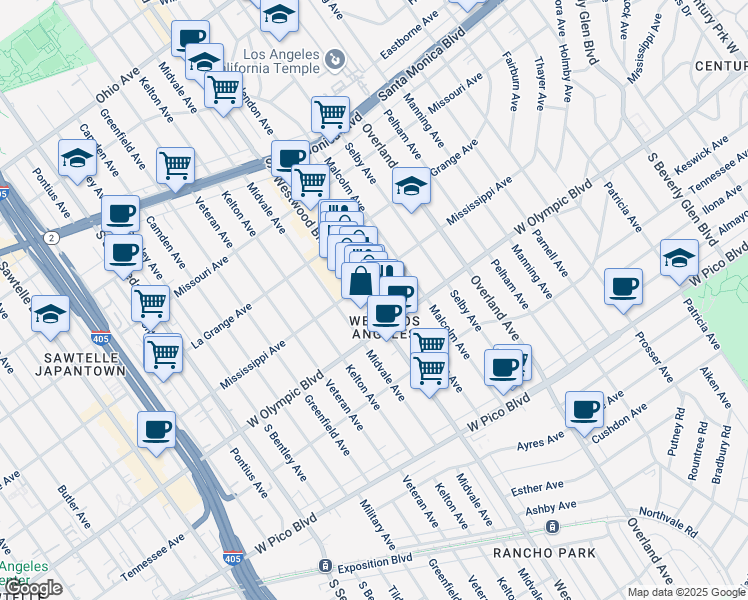map of restaurants, bars, coffee shops, grocery stores, and more near 2116 Westwood Boulevard in Los Angeles