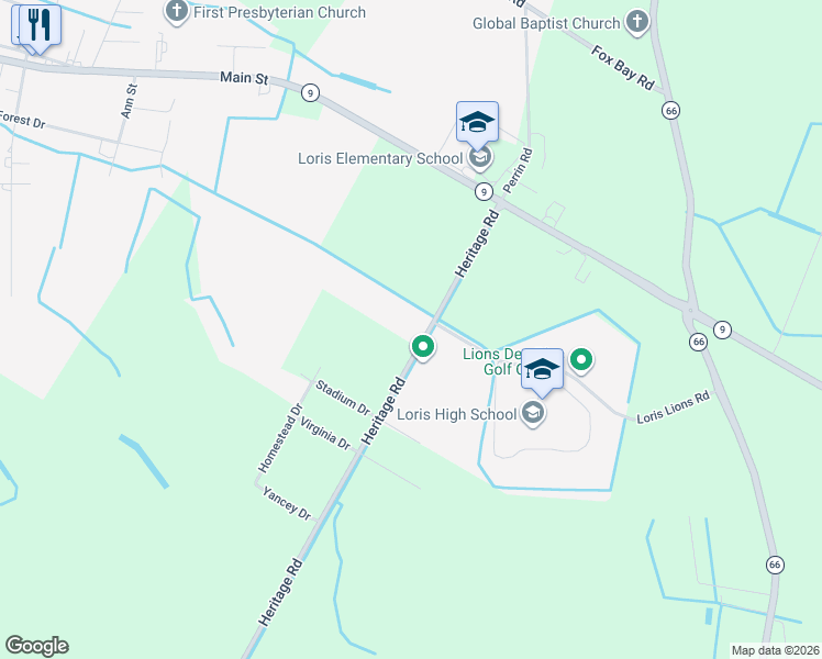 map of restaurants, bars, coffee shops, grocery stores, and more near 301 Heritage Road in Loris