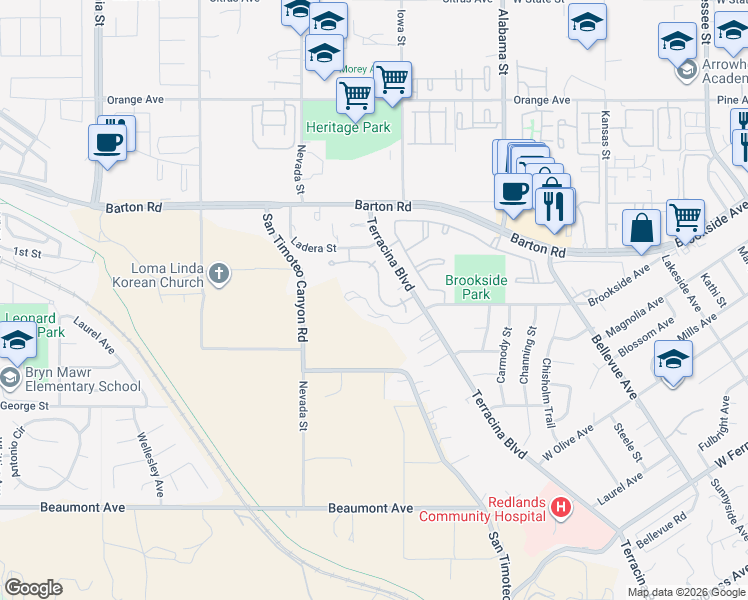 map of restaurants, bars, coffee shops, grocery stores, and more near 1723 Morning Dove Lane in Redlands