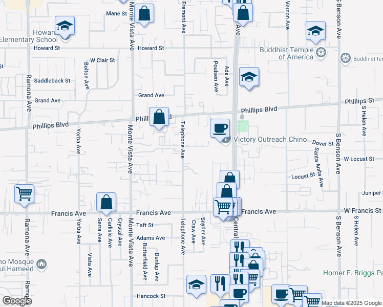 map of restaurants, bars, coffee shops, grocery stores, and more near 5144 Orange Blossom Lane in Chino