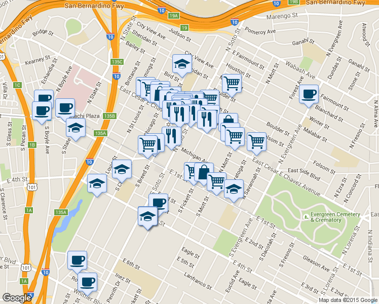 map of restaurants, bars, coffee shops, grocery stores, and more near 2429 Michigan Avenue in Los Angeles